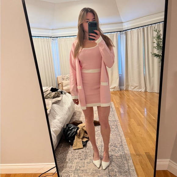 VICI Brand Cecily Pink and White Mini Dress with Matching Cardigan - Picture 6 of 7